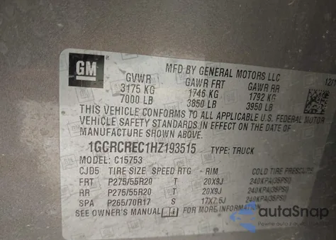 2017 Chevrolet Silverado 1500 1Lt z USA, uszkodzony, nr VIN 1GCRCREC1HZ193515